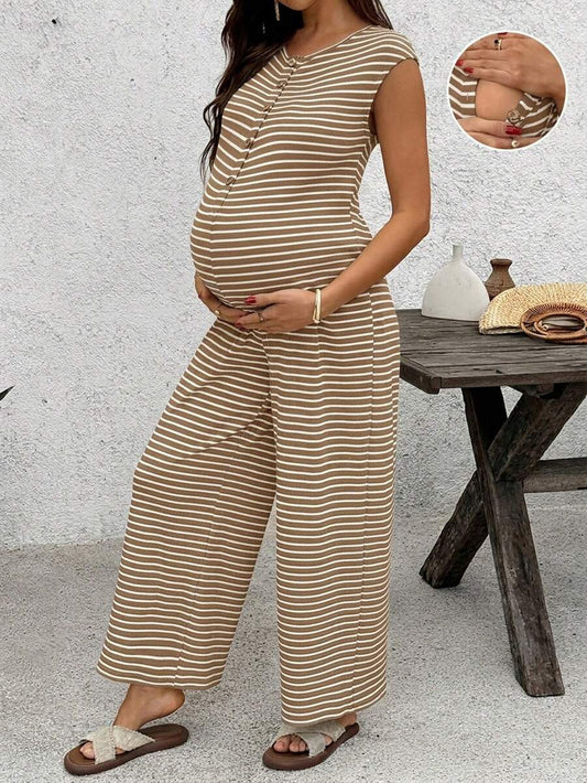 Coffee Brown Striped Maternity & Nursing Jumpsuit – Casual Round Neck Cap Sleeve Wide Leg Cropped Overalls with Button Details