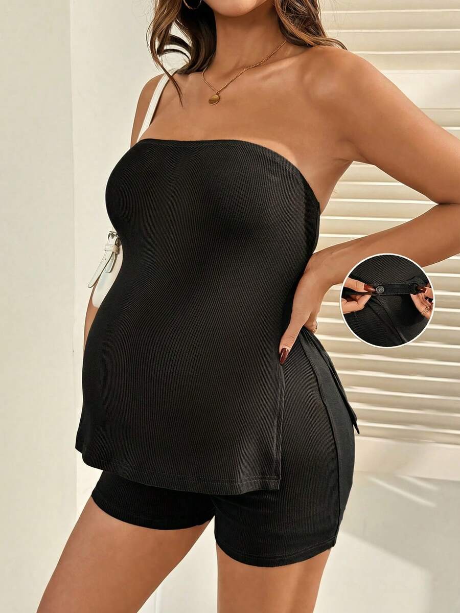 Maternity 2-Piece Bandeau Top and Adjustable Shorts Set - Side Slit, Slim Fit, Pink