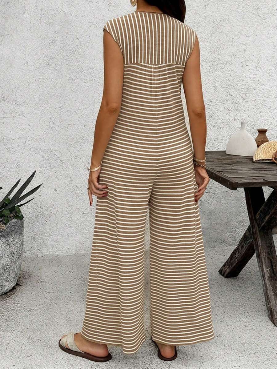 Coffee Brown Striped Maternity & Nursing Jumpsuit – Casual Round Neck Cap Sleeve Wide Leg Cropped Overalls with Button Details
