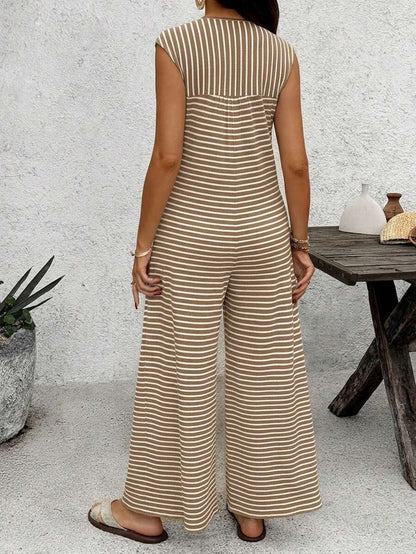 Coffee Brown Striped Maternity & Nursing Jumpsuit – Casual Round Neck Cap Sleeve Wide Leg Cropped Overalls with Button Details