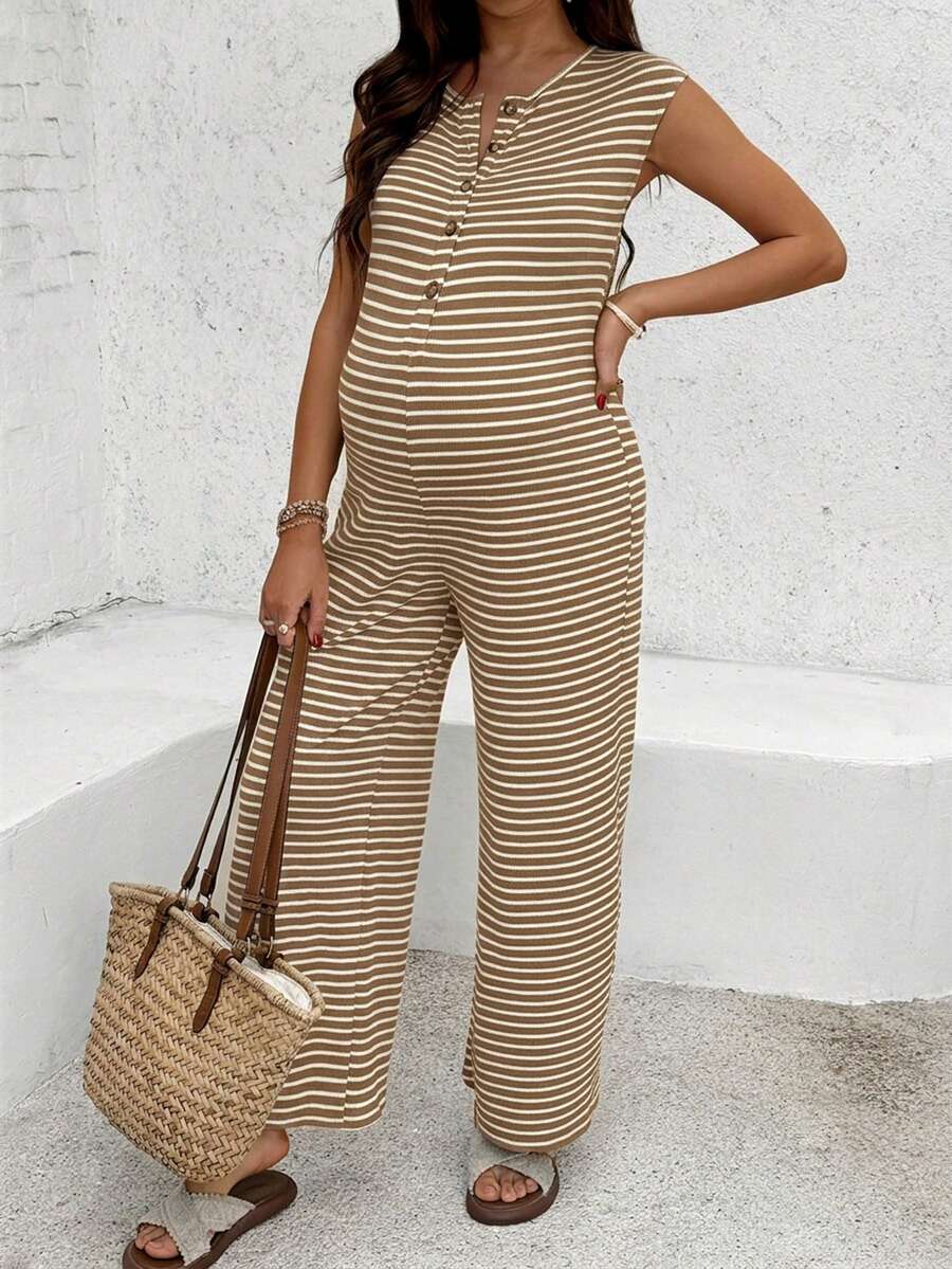 Coffee Brown Striped Maternity & Nursing Jumpsuit – Casual Round Neck Cap Sleeve Wide Leg Cropped Overalls with Button Details