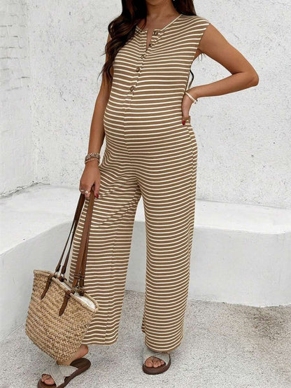 Coffee Brown Striped Maternity & Nursing Jumpsuit – Casual Round Neck Cap Sleeve Wide Leg Cropped Overalls with Button Details