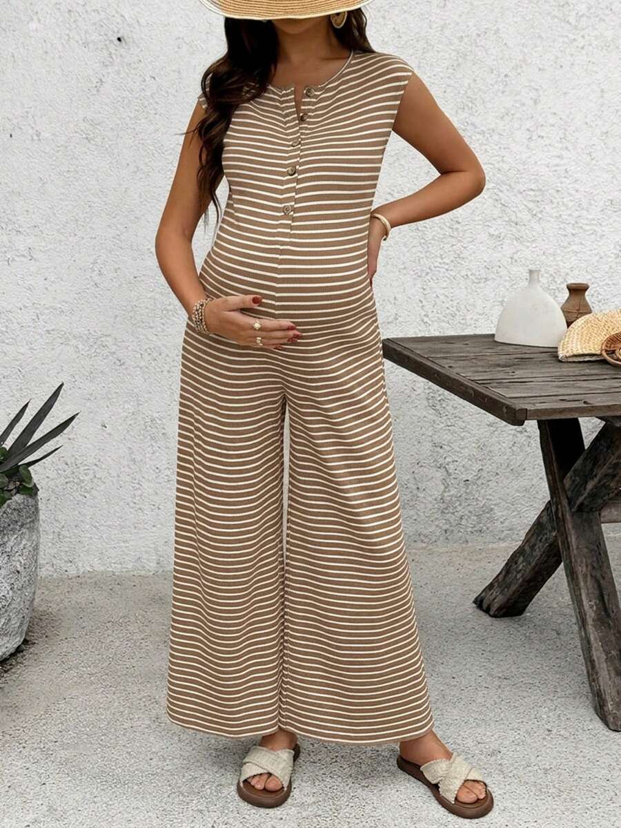 Coffee Brown Striped Maternity & Nursing Jumpsuit – Casual Round Neck Cap Sleeve Wide Leg Cropped Overalls with Button Details