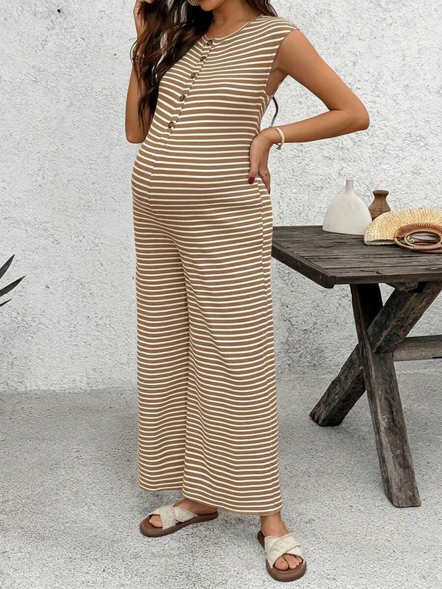 Coffee Brown Striped Maternity & Nursing Jumpsuit – Casual Round Neck Cap Sleeve Wide Leg Cropped Overalls with Button Details
