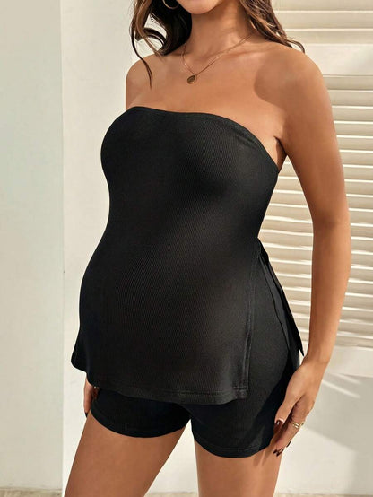 Maternity 2-Piece Bandeau Top and Adjustable Shorts Set - Side Slit, Slim Fit, Pink