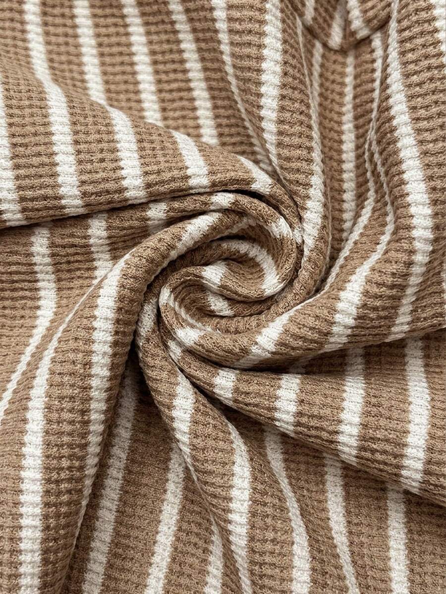 Coffee Brown Striped Maternity & Nursing Jumpsuit – Casual Round Neck Cap Sleeve Wide Leg Cropped Overalls with Button Details