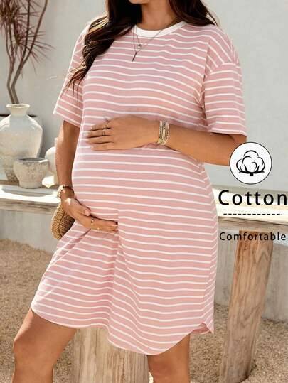 Maternity Pink Striped Short Sleeve Tee Dress with High Stretch Knitted Fabric Casual Round Neck Maternity Summer Dress for Sports