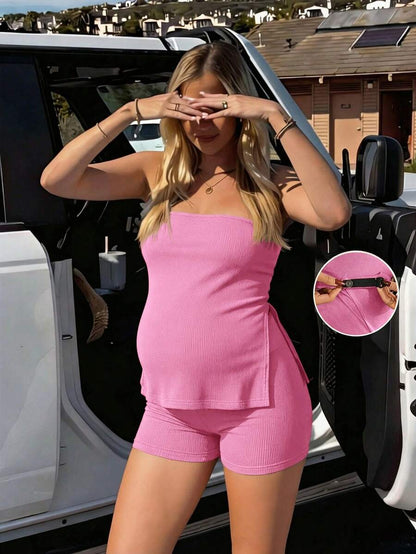 Maternity 2-Piece Set - Bandeau Top & Mini Shorts, Off Shoulder, Slim Fit, Brown