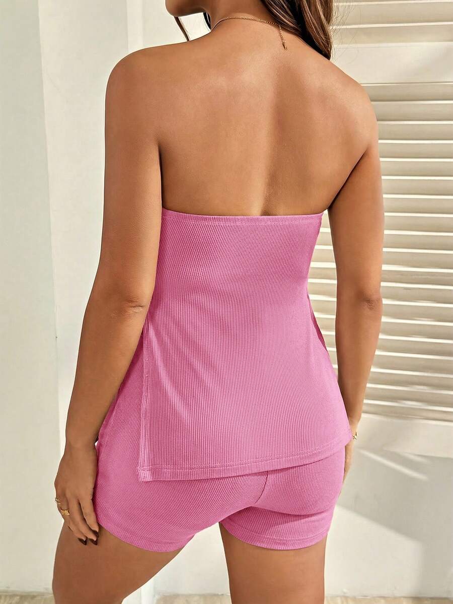Maternity Black Ribbed Knit Tube Top and Adjustable Waist Mini Shorts Set - Slim Fit Strapless Two Piece Pregnancy Lounge Outfit