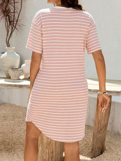 Maternity Pink Striped Short Sleeve Tee Dress with High Stretch Knitted Fabric Casual Round Neck Maternity Summer Dress for Sports