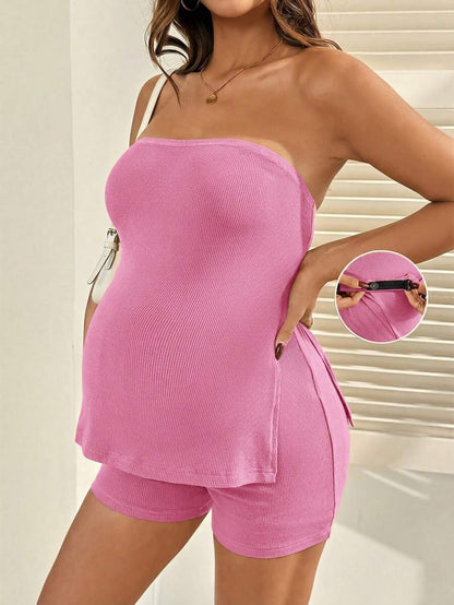 Maternity 2-Piece Set - Bandeau Top & Mini Shorts, Off Shoulder, Slim Fit, Brown
