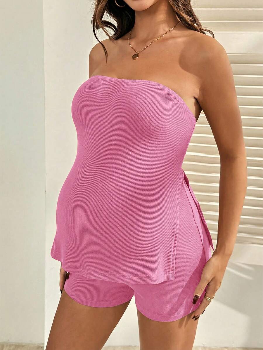 Maternity 2-Piece Set - Bandeau Top & Mini Shorts, Off Shoulder, Slim Fit, Brown