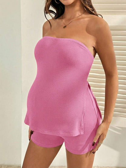 Maternity 2-Piece Set - Bandeau Top & Mini Shorts, Off Shoulder, Slim Fit, Brown