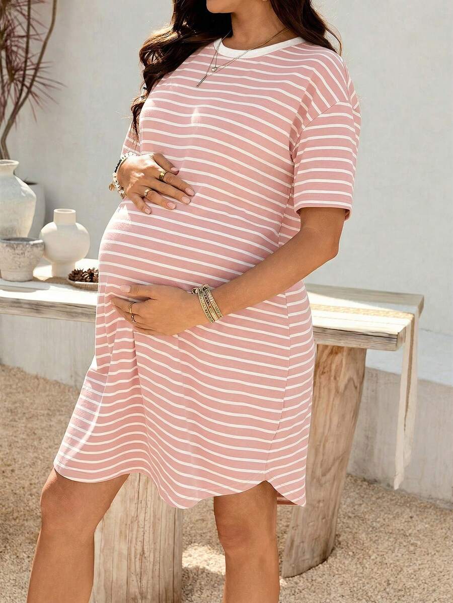 Maternity Striped Round Neck Short Sleeve Tee Dress Casual Blue and White Drop Shoulder Mini Dress for Summer Vacation and Sports