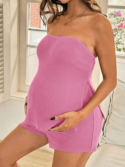 Maternity 2-Piece Bandeau Top and Adjustable Shorts Set - Side Slit, Slim Fit, Pink