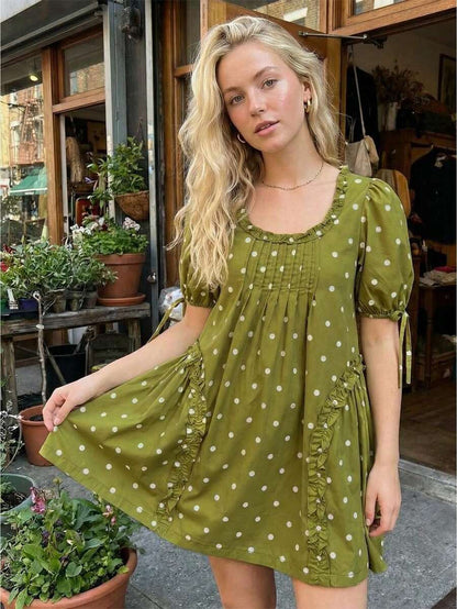 Yellow Polka Dot Maternity Smock Dress with Puff Sleeves and Ruffle Trim - Loose High Waist Summer Beach Mini Dress