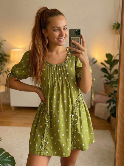 Yellow Polka Dot Maternity Smock Dress with Puff Sleeves and Ruffle Trim - Loose High Waist Summer Beach Mini Dress