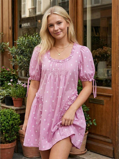 Yellow Polka Dot Maternity Smock Dress with Puff Sleeves and Ruffle Trim - Loose High Waist Summer Beach Mini Dress