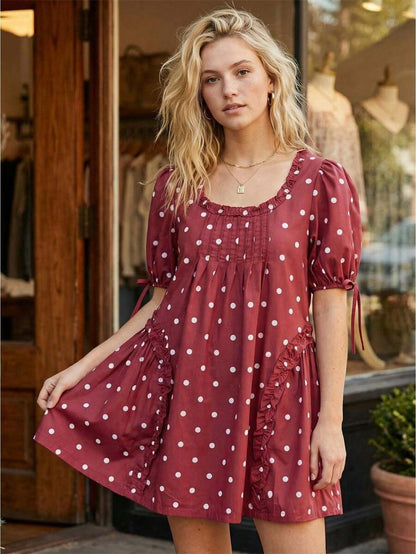 Yellow Polka Dot Maternity Smock Dress with Puff Sleeves and Ruffle Trim - Loose High Waist Summer Beach Mini Dress
