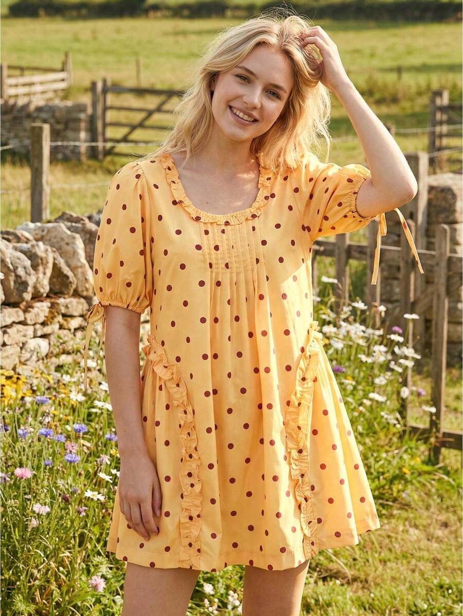 Yellow Polka Dot Maternity Smock Dress with Puff Sleeves and Ruffle Trim - Loose High Waist Summer Beach Mini Dress