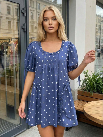 Yellow Polka Dot Maternity Smock Dress with Puff Sleeves and Ruffle Trim - Loose High Waist Summer Beach Mini Dress