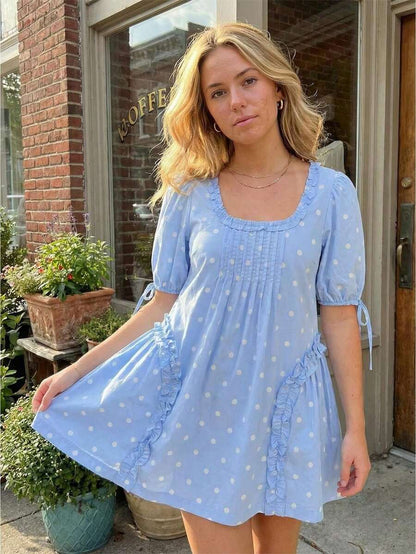 Yellow Polka Dot Maternity Smock Dress with Puff Sleeves and Ruffle Trim - Loose High Waist Summer Beach Mini Dress