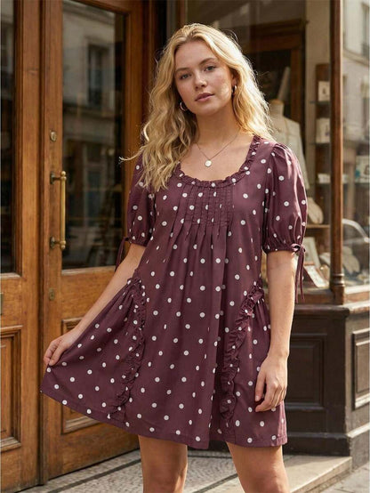Yellow Polka Dot Maternity Smock Dress with Puff Sleeves and Ruffle Trim - Loose High Waist Summer Beach Mini Dress