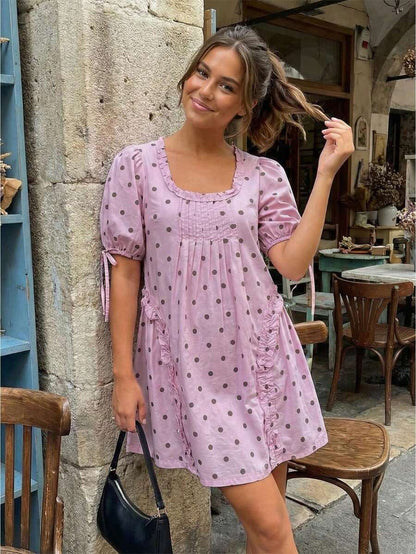 Yellow Polka Dot Maternity Smock Dress with Puff Sleeves and Ruffle Trim - Loose High Waist Summer Beach Mini Dress