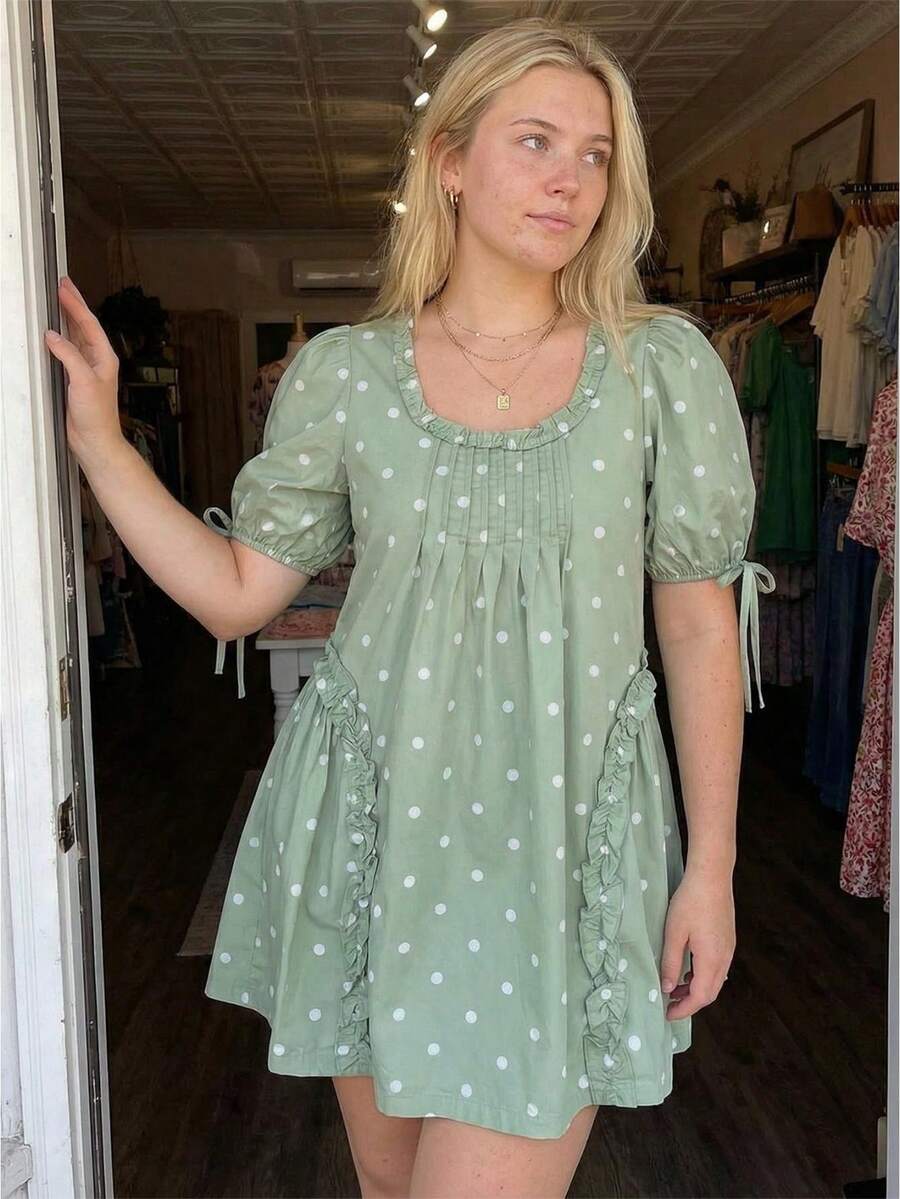 Yellow Polka Dot Maternity Smock Dress with Puff Sleeves and Ruffle Trim - Loose High Waist Summer Beach Mini Dress