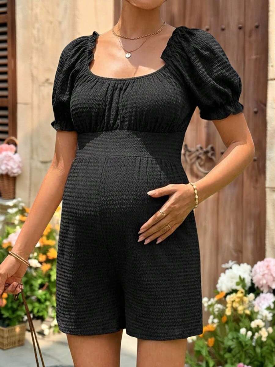 Off-Shoulder Pleated Maternity Jumpsuit Short Puff Sleeve Black Loose Fit Square Neck Casual Romper for Pregnancy Night Out