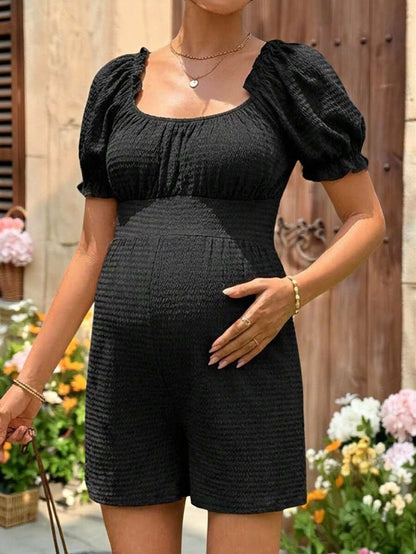 Off-Shoulder Pleated Maternity Jumpsuit Short Puff Sleeve Black Loose Fit Square Neck Casual Romper for Pregnancy Night Out