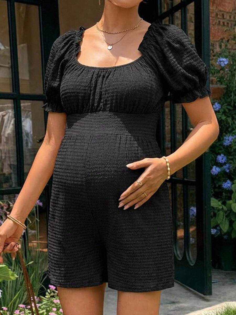 Off-Shoulder Pleated Maternity Jumpsuit Short Puff Sleeve Black Loose Fit Square Neck Casual Romper for Pregnancy Night Out