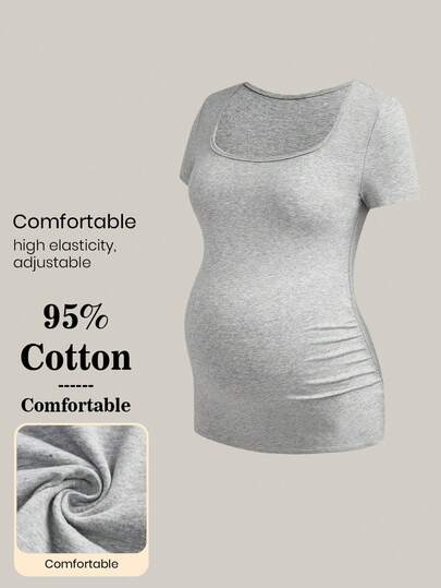 Maternity Solid Color Pleated T-Shirt - Casual Short Sleeve Versatile Daily Wear
