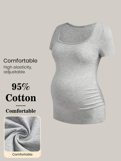 Maternity Solid Color Pleated T-Shirt - Casual Short Sleeve Versatile Daily Wear