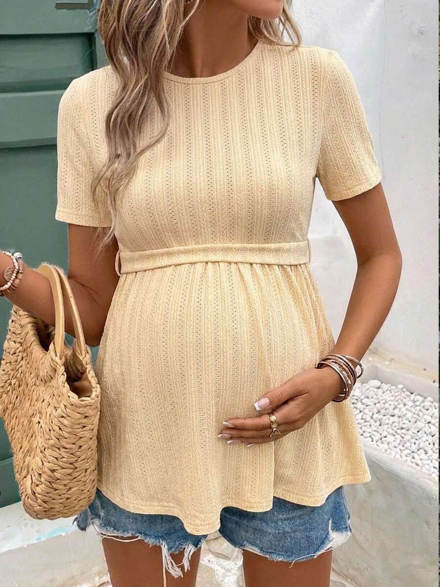 Yellow Short Sleeve Maternity T-Shirt - Slim Fit Round Neck Textured Longline Top with Flared Hem and Medium Stretch