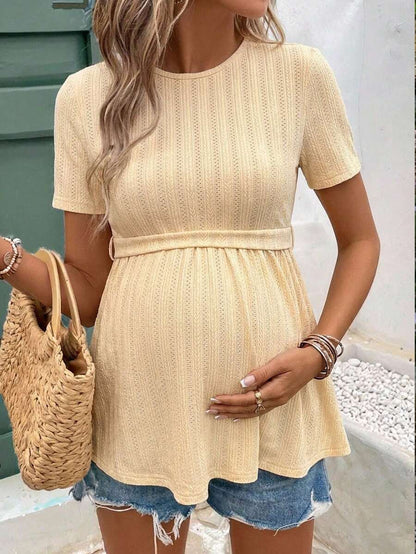 Yellow Short Sleeve Maternity T-Shirt - Slim Fit Round Neck Textured Longline Top with Flared Hem and Medium Stretch
