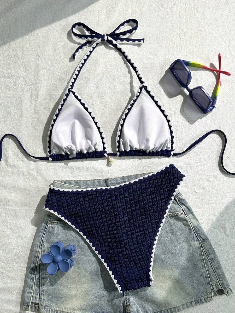 Swim Vcay Women's 2 Pieces Bikini Swimwear, Halter Neck Tie, Floral Print, Fashionable Casual Vacation Swimming Set Women Two Pieces Sets Swimwear Women Bikini Sets Swim Oasis 2 Pieces Flower Bikini Tropical Bikini Set