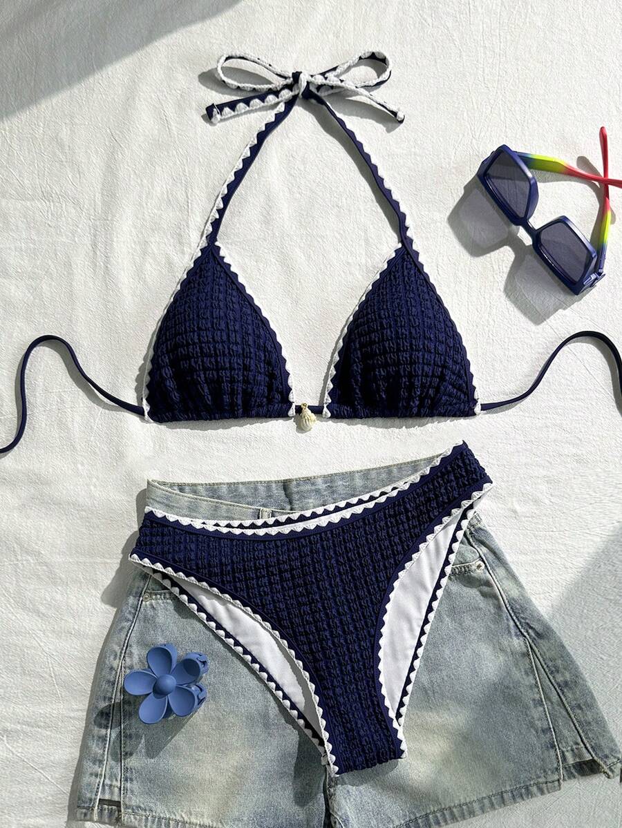 Swim Vcay Women's 2 Pieces Bikini Swimwear, Halter Neck Tie, Floral Print, Fashionable Casual Vacation Swimming Set Women Two Pieces Sets Swimwear Women Bikini Sets Swim Oasis 2 Pieces Flower Bikini Tropical Bikini Set