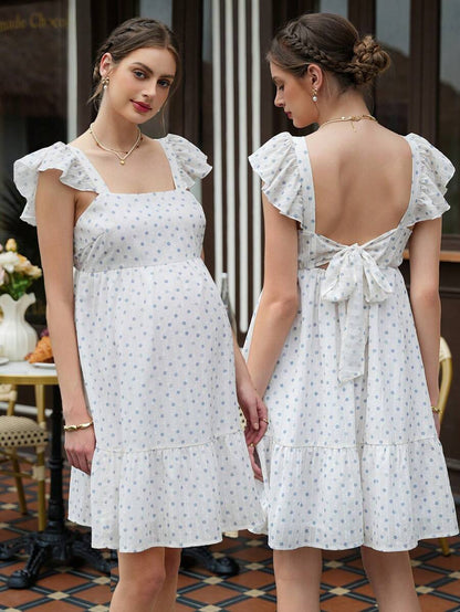 Maternity Polka Dot A-Line Mini Dress - Square Neck, Petal Sleeve, Ruffle, Ruched, White