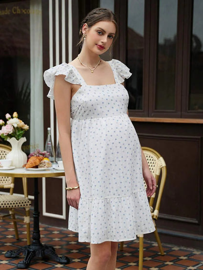 Maternity Polka Dot A-Line Mini Dress - Square Neck, Petal Sleeve, Ruffle, Ruched, White