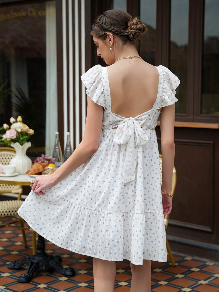 Maternity Polka Dot A-Line Mini Dress - Square Neck, Petal Sleeve, Ruffle, Ruched, White