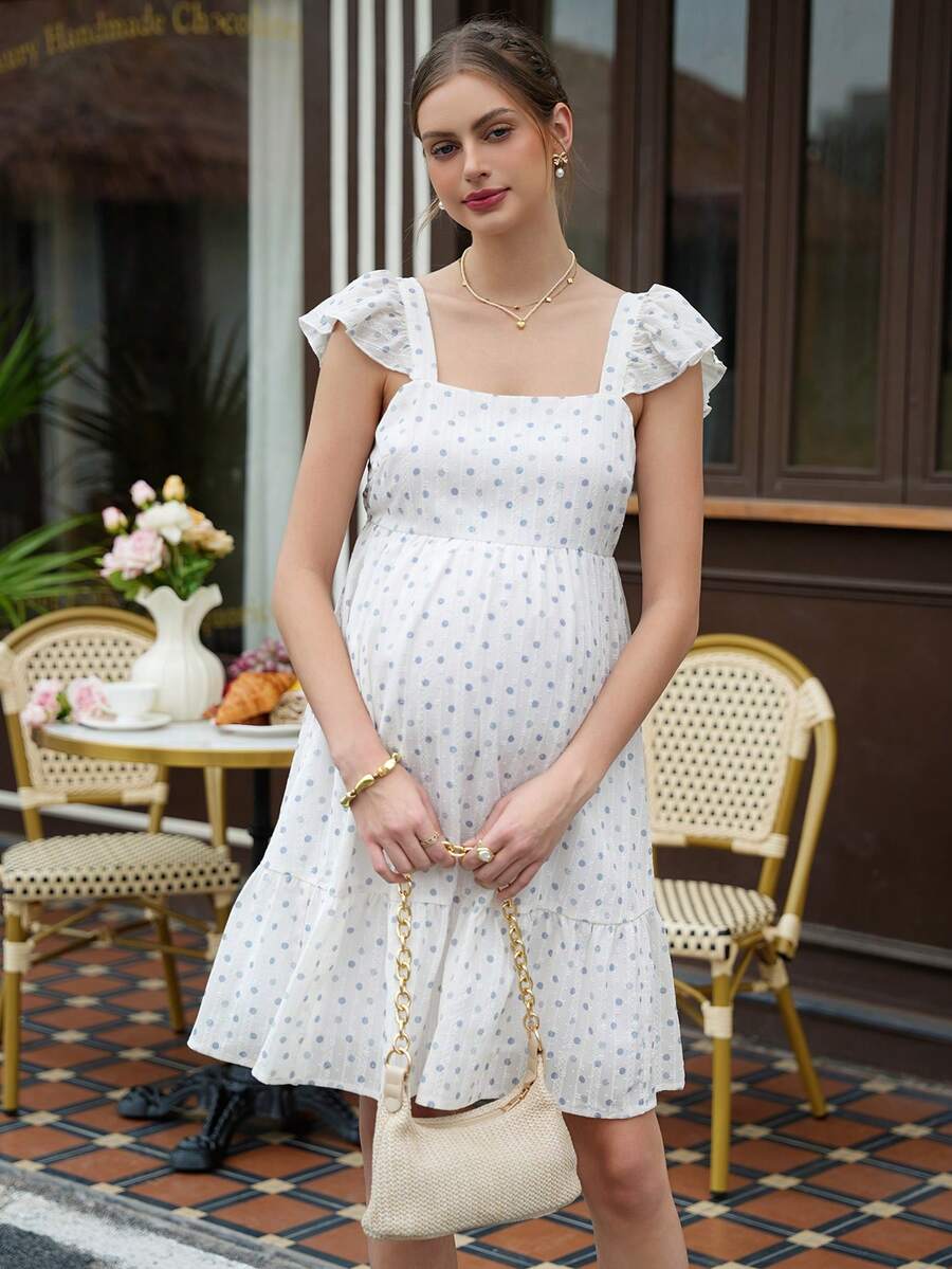 Maternity Polka Dot A-Line Mini Dress - Square Neck, Petal Sleeve, Ruffle, Ruched, White
