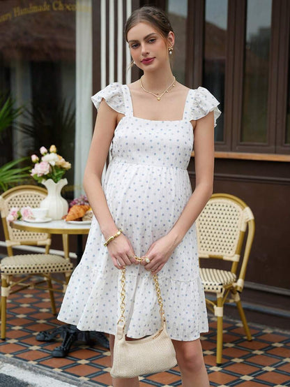 Maternity Polka Dot A-Line Mini Dress - Square Neck, Petal Sleeve, Ruffle, Ruched, White
