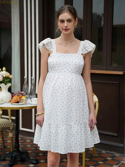 Maternity Polka Dot A-Line Mini Dress - Square Neck, Petal Sleeve, Ruffle, Ruched, White
