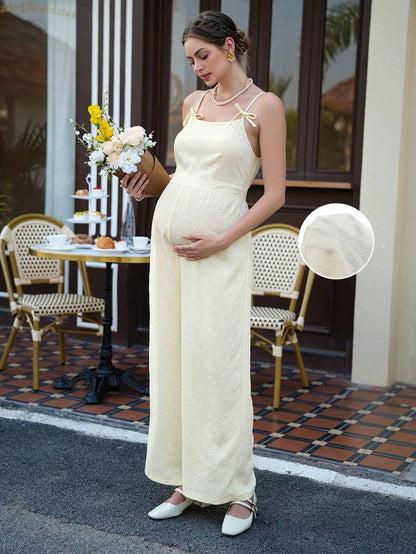 Maternity Casual Jumpsuit - Boat Neck, Sleeveless, Zipper, Loose Fit, Cropped, Yellow
