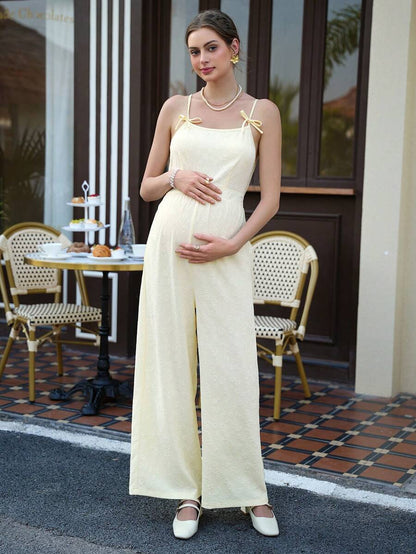 Maternity Casual Jumpsuit - Boat Neck, Sleeveless, Zipper, Loose Fit, Cropped, Yellow