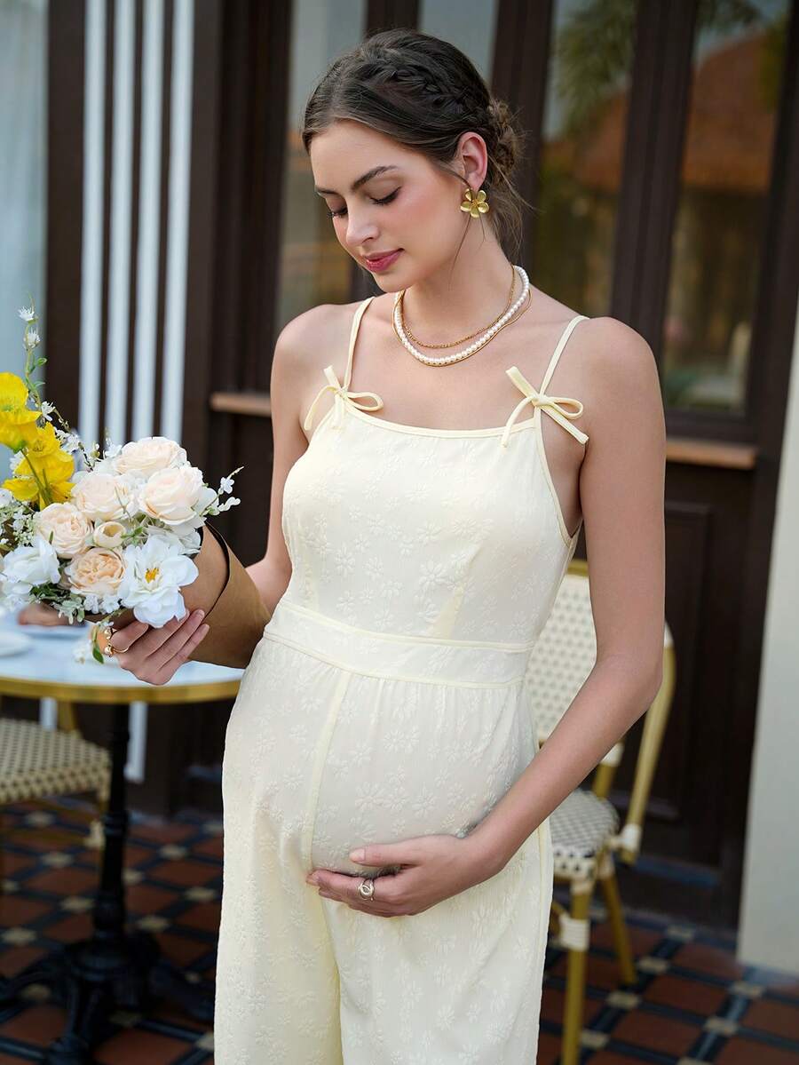 Maternity Casual Jumpsuit - Boat Neck, Sleeveless, Zipper, Loose Fit, Cropped, Yellow