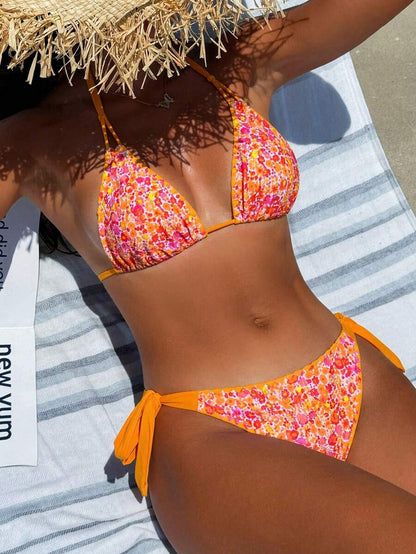 Swim Vcay Women's Tropical Plant Print Halter Neck Tie Sexy Bikini Set For Summer Beach, Random Print