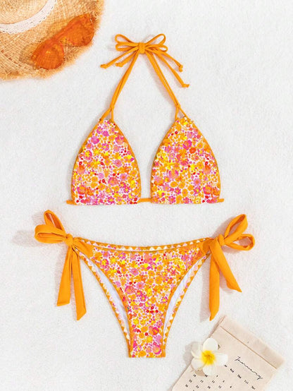 Swim Vcay Women's Tropical Plant Print Halter Neck Tie Sexy Bikini Set For Summer Beach, Random Print
