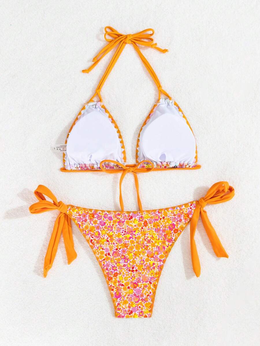 Swim Vcay Women's Tropical Plant Print Halter Neck Tie Sexy Bikini Set For Summer Beach, Random Print